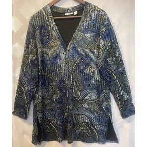 New SUSAN GRAVER Multi Color Paisley Print Stretch Novelty Knit Tunic L Boho